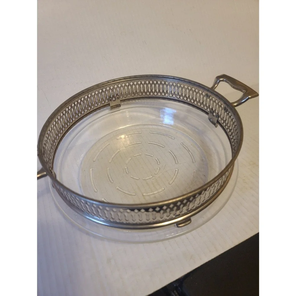 Vintage Glasbake Glass Casserole Pie Dish & Silver Metal Pierced‎ Handle Carrier